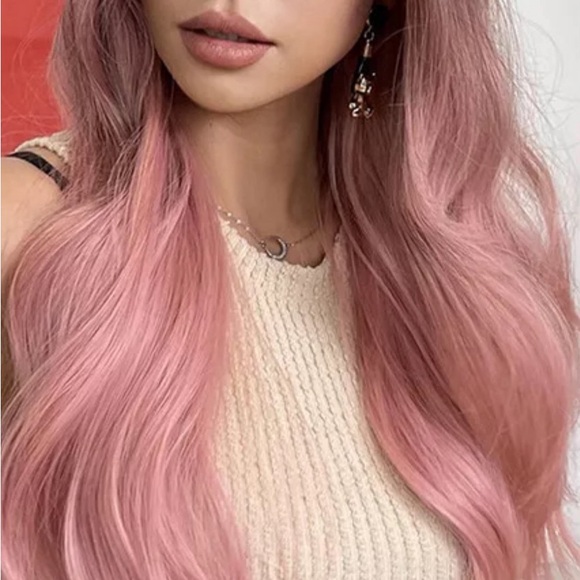 Long Wavy Pastel Pink Wig with Bangs and Gradient Color - Picture 3 of 3